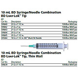 BD Syringe/Needle Combination, 10mL w/ luer-Lok tip, 21 G x 1", 100/box, 4 box/case. MFID: 309642