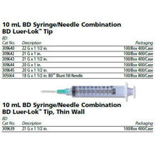 BD Syringe/Needle Combination, 10mL w/ luer-Lok tip, 21 G x 1&#189;", 100/box, 4 box/case. MFID: 309643