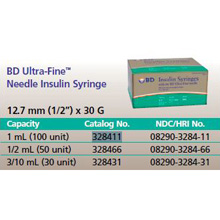 BD Syringe, 1cc, w/ ultra-Fine 30 G x &#189;" Needle, 100/box, 5 box/case. MFID: 328411