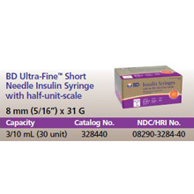 BD Syringe, 3/10mL Lo-Dose Insulin Permanent Needle, 31Gx5/16", U-100 Ultra-Fine Short, 100/box, 5 box/case. MFID: 328440