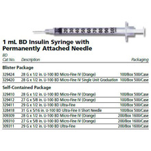 BD Syringe, 1mL Insulin, Perm Ndl, 28 G x &#189;", U-100 Micro-Fine IV, Orange, 100/box, 5 box/case. MFID: 329410