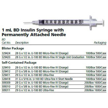 BD Syringe, 1mL Insulin, P Ndl, 28Gx&#189;", Blister, U-100 Micro-Fine IV, Orng, 100/box, 5 box/case. MFID: 329424