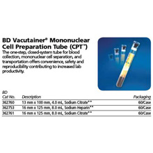 BD VACUTAINER Mononuclear Cell Preparation Tube (CPT), Sodium Citrate, 13x100mmx4.0mL. MFID: 362760