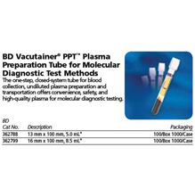 BD PPT VACUTAINER Plastic Molecular Diagnostics Tube, 13 x 100 mm x 5.0 mL, 100/pack, 10 pack/case. MFID: 362788