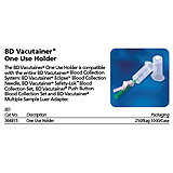 BD VACUTAINER One Use Needle Holder, Clear, 250/bag, 4 bag/case. MFID: 364815