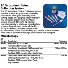 BD VACUTAINER Urinalysis Tube, 13x75mm, Urine C&S Preserv Plus, 4mL Draw, 100/box, 10 box/case. MFID: 364951