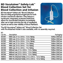 BD VACUTAINER Safety-Lok Blood Collection Set, 23G x &#190;", 12" Tube, No Luer, 50/box, 4 box/case. MFID: 367297