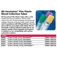 BD VACUTAINER Plus Plastic Serum Tube, 13x75mm, 4.0mL, Red, 100/box. MFID: 367812