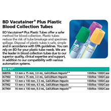 BD VACUTAINER Plus Plastic Plasma Tube, 13x100mm, 4.5mL, Lt Green, 100/box, 10 box/case. MFID: 367962