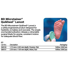 BD MICROTAINER QuikHeel Preemie Lancet, Pink, .85mm ID, 1.75mm IL, 50/box, 4 box/case. MFID: 368100