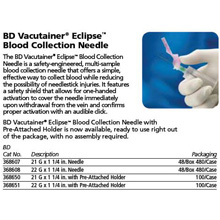BD VACUTAINER ECLIPSE Blood Collection Needle, 21Gx1.25", pre-attached holder, Green, 100/case. MFID: 368650