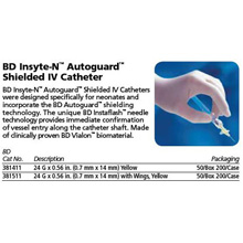 BD INSYTE Autoguard-N Shielded IV Catheter, Winged, 24 G x 0.56", Yellow, 50/box, 4 box/case. MFID: 381511