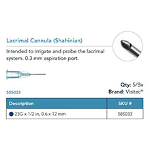 Visitec Lacrimal Cannula [Shahinian], .60 x 12 mm (23G x 1/2 in). MFID: 585033