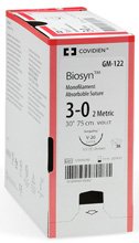 Covidien BIOSYN Suture, Conventional Cutting, Size 4-0, Undyed, 18", Needle PC-13, 3/8 Circle. MFID: CM400