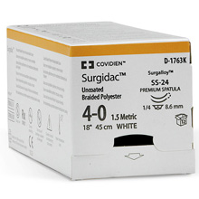 Covidien SURGIDAC Dental Polyester Suture, Premium Spatula, Size 4-0, White, 18", Needle SS-29, &#188; Circle. MFID: D1879K