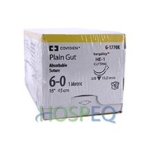 Covidien Plain Gut Suture, Reverse Cutting, Size 6-0, 18", Needle HE-1, 3/8 Circle. MFID: G1770K