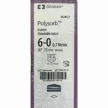 Covidien POLYSORB Suture, Taper Point, Size 6-0, Violet, 30", Needle CV-23, &#189; Circle. MFID: UL201-2