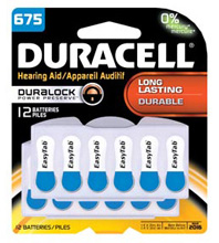 DURACELL Hearing Aid Battery, Zinc Air, Size 675, 12/pk, 2 pk/bx, 12 bx/cs. MFID: DA675B12RC