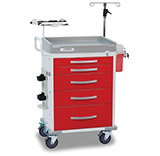 DETECTO RESCUE Emergency Room Cart, White Frame, 5 RED Drawers, Loaded, Emergency Lock. MFID: RC33669RED-L