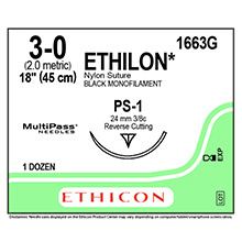 ETHICON Suture, ETHILON, Precision Point - Reverse Cutting, PS-1, 18", Size 3-0. MFID: 1663G