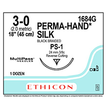 ETHICON Suture, PERMA-HAND, Precision Point - Reverse Cutting, PS-1, 18", Size 3-0. MFID: 1684G
