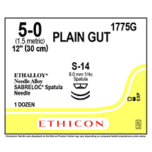 ETHICON Suture, Surgical Gut - Plain, SABRELOC - Spatula, S-14 / S-14, 12", Size 5-0. MFID: 1775G