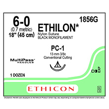 ETHICON Suture, ETHILON, Precision Cosmetic - Conventional Cutting PRIME, PC-1, 18", Size 6-0. MFID: 1856G