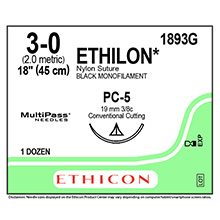 ETHICON Suture, ETHILON, Precision Cosmetic - Conventional Cutting PRIME, PC-5, 18", Size 3-0. MFID: 1893G