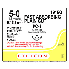 ETHICON Suture, Surgical Gut-Plain, Precision Cosmetic-Conventional Cutting PRIME, PC-1, 18", Size 5-0. MFID: 1915G