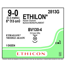 ETHICON Suture, ETHILON, Taper Point, BV130-4, 5", Size 9-0. MFID: 2813G