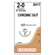 ETHICON Suture, Surgical Gut - Chromic, Taper Point, CT-1, 3-27", Size 2-0, 2 dozens. MFID: 3811T