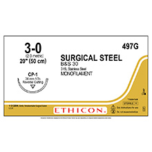 ETHICON Suture, Surgical Stainless Steel, Reverse Cutting, CP-1 / CP-1, 20", Size 3-0. MFID: 497G
