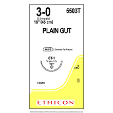 ETHICON Suture, Surgical Gut - Plain, Taper Point, CT-1, 3-18", Size 3-0, 2 dozens. MFID: 5503T
