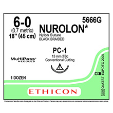 ETHICON Suture, NUROLON, Precision Cosmetic - Conventional Cutting PRIME, PC-1, 18", Size 6-0. MFID: 5666G