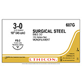 ETHICON Suture, Surgical Stainless Steel, Reverse Cutting, FS-2, 18", Size 3-0. MFID: 607G