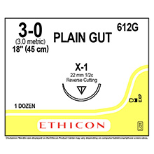 ETHICON Suture, Surgical Gut - Plain, Reverse Cutting, X-1, 18", Size 3-0. MFID: 612G