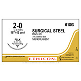 ETHICON Suture, Surgical Stainless Steel, Reverse Cutting, FSLX, 18", Size 2-0. MFID: 618G