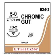 ETHICON Suture, Surgical Gut - Chromic, Reverse Cutting, FS-2, 27", Size 5-0. MFID: 634G