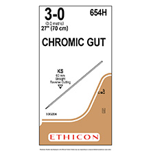 ETHICON Suture, Surgical Gut - Chromic, Straight Cutting Needles, KS, 27", Size 3-0. MFID: 654H