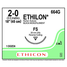 ETHICON Suture, ETHILON, Reverse Cutting, FS, 18", Size 2-0. MFID: 664G