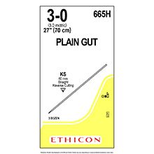 ETHICON Suture, Surgical Gut - Plain, Straight Cutting Needles, KS, 27", Size 3-0. MFID: 665H