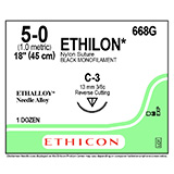 ETHICON Suture, ETHILON, Reverse Cutting, C-3, 18", Size 5-0. MFID: 668G