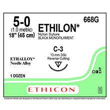 ETHICON Suture, ETHILON, Reverse Cutting, C-3, 18", Size 5-0. MFID: 668G