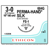 ETHICON Suture, PERMA-HAND Silk, Size 3-0, 18", Black Braided, Needle FS-1, Cutting Edge Reverse, 3/8 Circle, 1 dz/bx. MFID: 684G