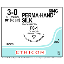 ETHICON Suture, PERMA-HAND Silk, Size 3-0, 18", Black Braided, Needle FS-1, Cutting Edge Reverse, 3/8 Circle, 1 dz/bx. MFID: 684G