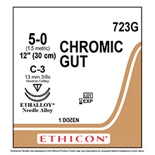 ETHICON Suture, Surgical Gut - Chromic, Reverse Cutting, C-3 / C-3, 12", Size 5-0. MFID: 723G