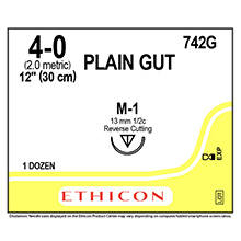 ETHICON Suture, Surgical Gut - Plain, Reverse Cutting, M-1, 12", Size 4-0. MFID: 742G