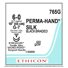 ETHICON Suture, PERMA-HAND, MICROPOINT-Reverse Cutting, G-7 / G-7, 18", Size 6-0. MFID: 765G