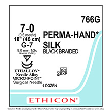 ETHICON Suture, PERMA-HAND, MICROPOINT-Reverse Cutting, G-7 / G-7, 18", Size 7-0. MFID: 766G