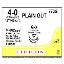 ETHICON Suture, Surgical Gut - Plain, MICROPOINT-Reverse Cutting, G-3 / G-3, 18", Size 4-0. MFID: 773G